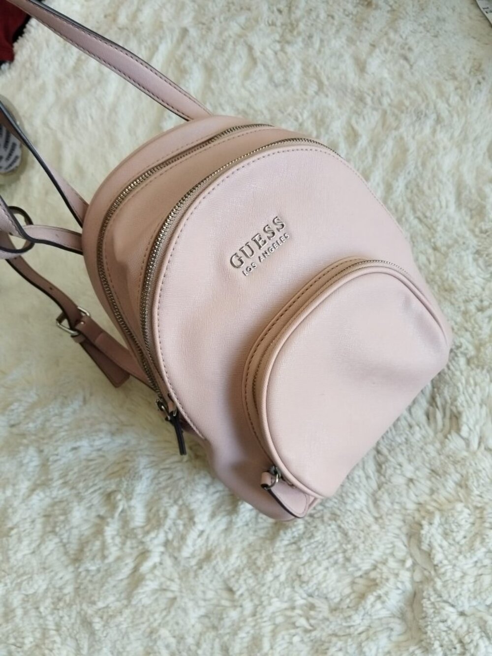 GUESS Pink Saffiano Mini Backpack Daypack Zip Pockets Card Slots